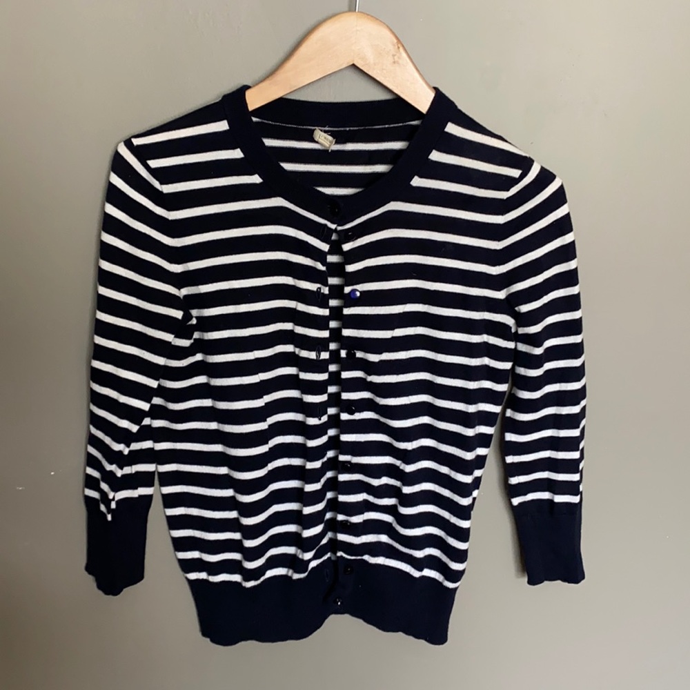 J. Crew navy/white striped 3/4 sleeve cardigan XS